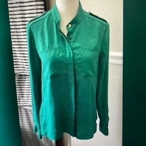 Bebe Emerald Green Mandarin Collar Blouse XS Long Sleeve Epaulette Gold Button